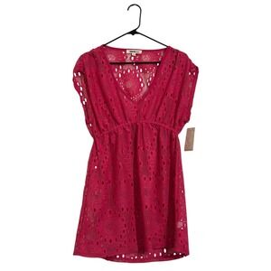 Miken Swim Pink Crochet Lace V-Neck Empire Waist Cover Up Dress Size Medium NWT